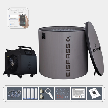Eisfass Air Mini Eisbad Komplettset inkl. Kühlsystem Pro - Ozonreinigung – bis 2°C für Regeneration, Fokus & mentale Stärke