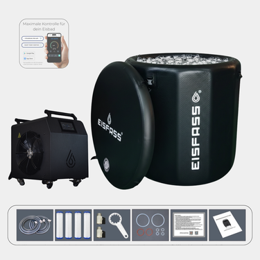 Eisfass Air Eisbad Komplettset inkl. Kühlsystem Pro - Ozonreinigung – bis 2°C für Regeneration, Fokus & mentale Stärke
